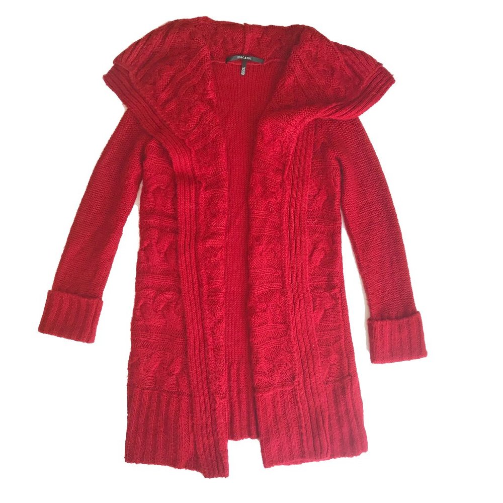 Chunky red cable knit duster cardigan